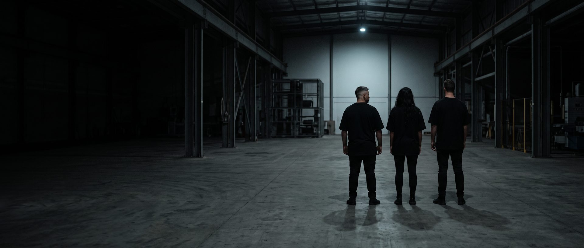Three people in black, seen from behind, standing side by side in an empty dimly lit warehouse.