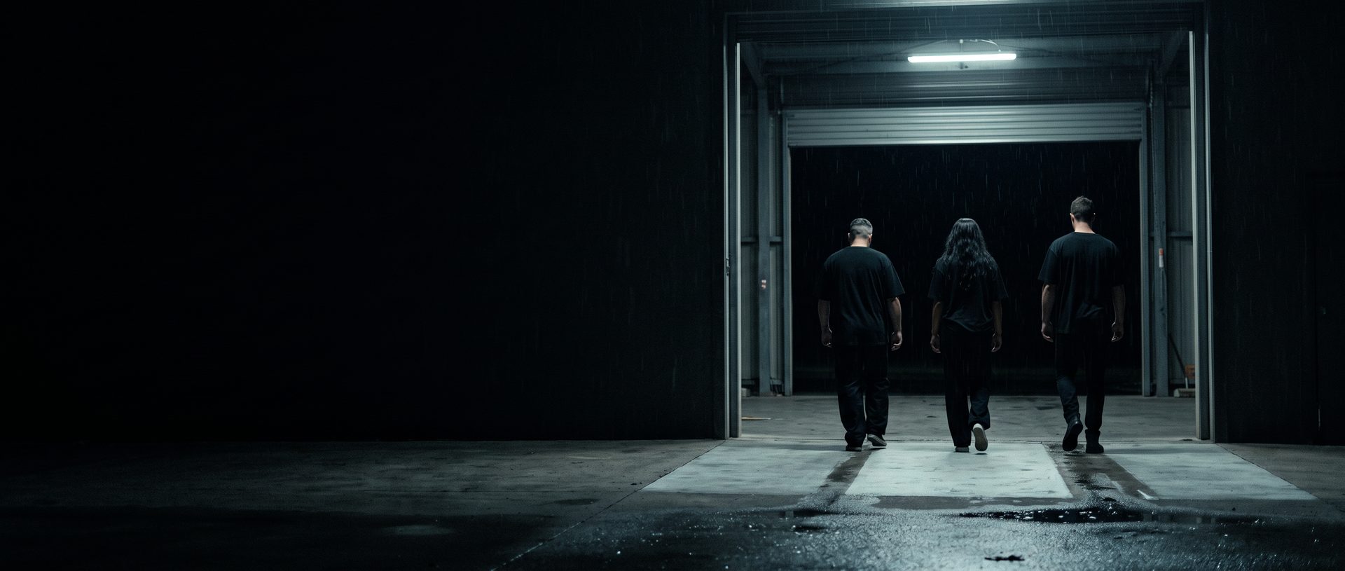 Three people in black, seen from behind, walking towards a lit open roller door at night.